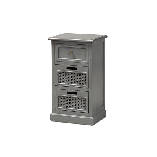 Baxton Studio Sheldon Modern and Contemporary Vintage Grey Finished Wood and Synthetic Rattan 3-Drawer End Table | End Tables | Modishstore