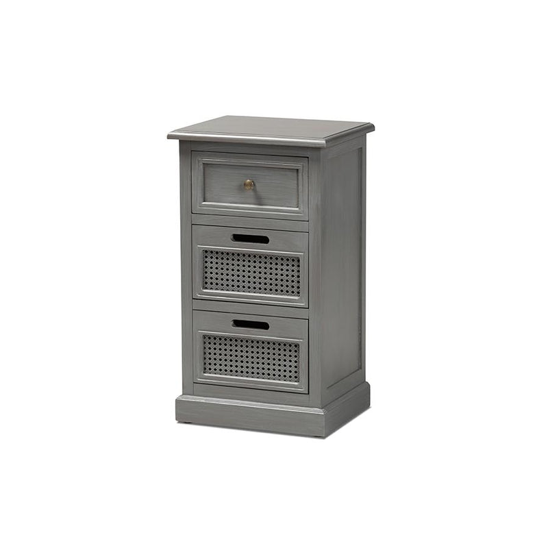 Baxton Studio Sheldon Modern and Contemporary Vintage Grey Finished Wood and Synthetic Rattan 3-Drawer End Table | End Tables | Modishstore