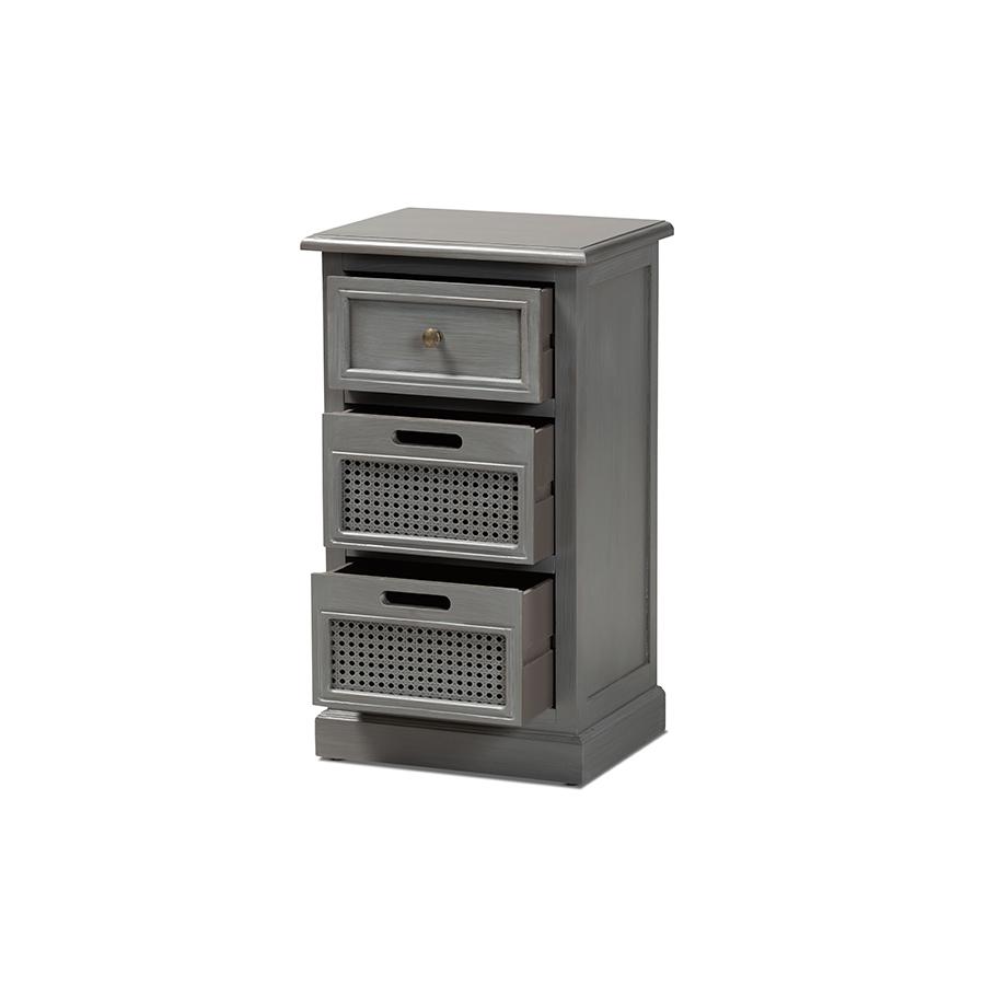 Baxton Studio Sheldon Modern and Contemporary Vintage Grey Finished Wood and Synthetic Rattan 3-Drawer End Table | End Tables | Modishstore - 2