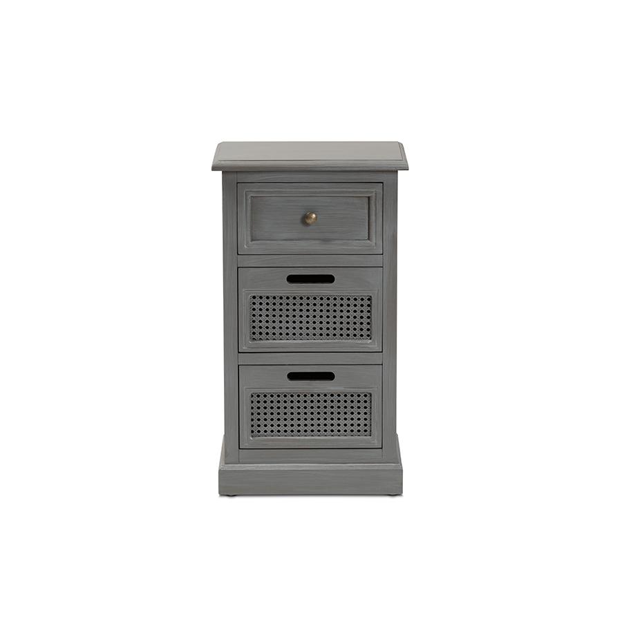 Baxton Studio Sheldon Modern and Contemporary Vintage Grey Finished Wood and Synthetic Rattan 3-Drawer End Table | End Tables | Modishstore - 3