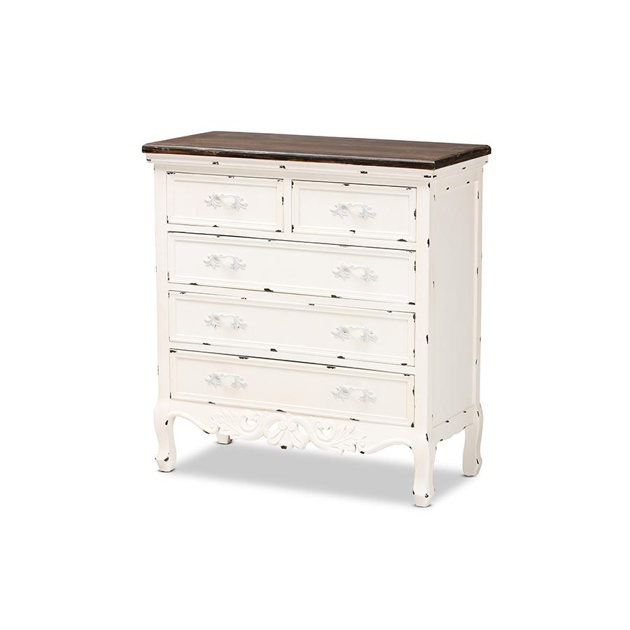 Baxton Studio Levron Classic and Traditional Two-Tone Walnut Brown and Antique White Finished Wood 5-Drawer Storage Cabinet | Drawers | Modishstore - 2
