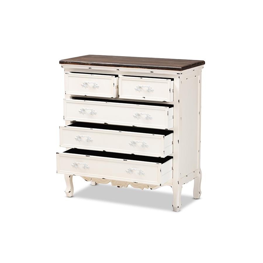 Baxton Studio Levron Classic and Traditional Two-Tone Walnut Brown and Antique White Finished Wood 5-Drawer Storage Cabinet | Drawers | Modishstore - 3