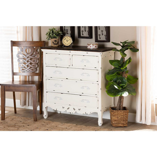 Baxton Studio Levron Classic and Traditional Two-Tone Walnut Brown and Antique White Finished Wood 5-Drawer Storage Cabinet | Drawers | Modishstore
