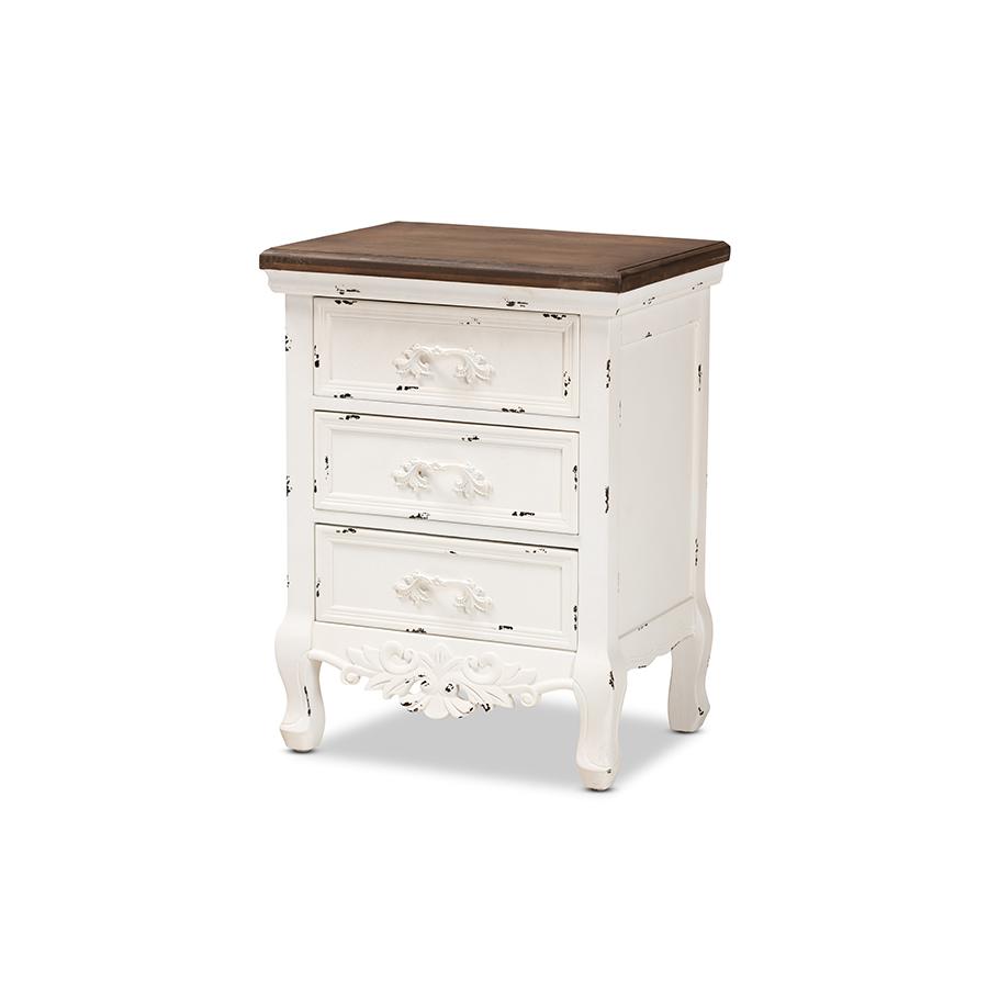 Baxton Studio Levron Classic and Traditional Walnut Brown and Antique White Finished Wood 3-Drawer Nightstand | Nightstands | Modishstore - 2