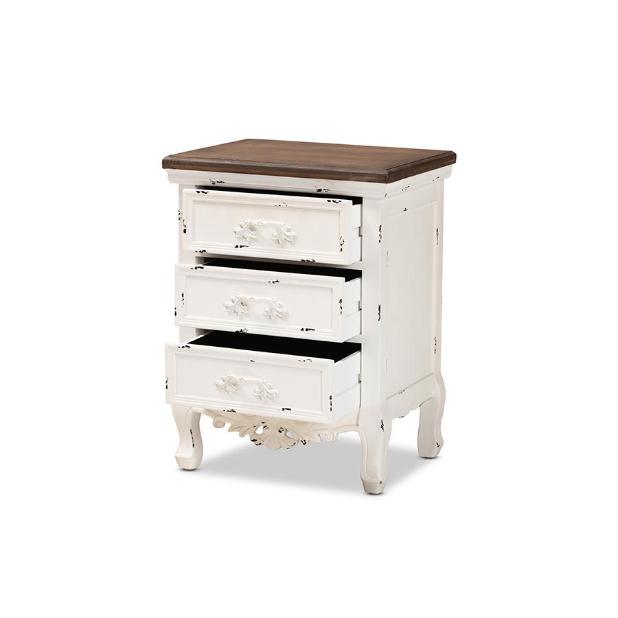 Baxton Studio Levron Classic and Traditional Walnut Brown and Antique White Finished Wood 3-Drawer Nightstand | Nightstands | Modishstore - 3