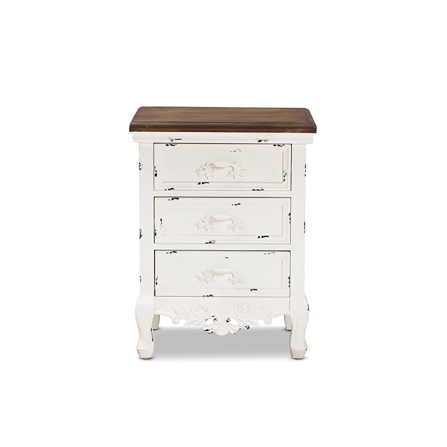 Baxton Studio Levron Classic and Traditional Walnut Brown and Antique White Finished Wood 3-Drawer Nightstand | Nightstands | Modishstore - 4