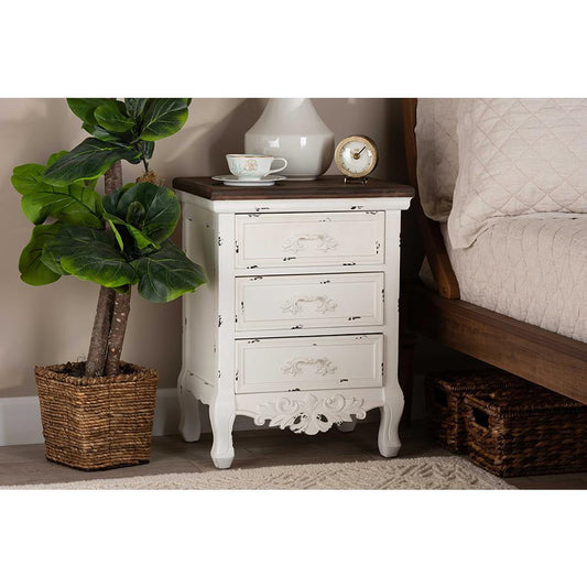 Baxton Studio Levron Classic and Traditional Walnut Brown and Antique White Finished Wood 3-Drawer Nightstand | Nightstands | Modishstore