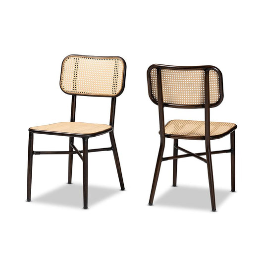 Baxton Studio Katina Mid-Century Modern Dark Brown Finished Metal and Synthetic Rattan 2-Piece Outdoor Dining Chair Set | Outdoor Chairs | Modishstore