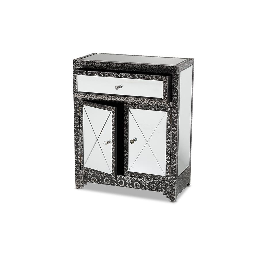 Baxton Studio Wycliff Industrial Glam and Luxe Silver Finished Metal and Mirrored Glass 1-Drawer Sideboard Buffet | Sideboards | Modishstore - 2