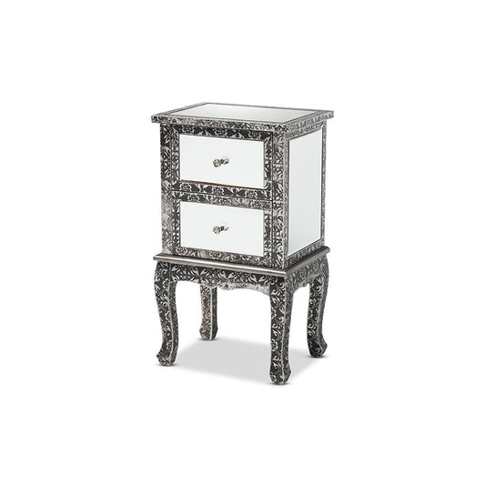 Baxton Studio Wycliff Industrial Glam and Luxe Silver Finished Metal and Mirrored Glass 2-Drawer Nightstand | Nightstands | Modishstore