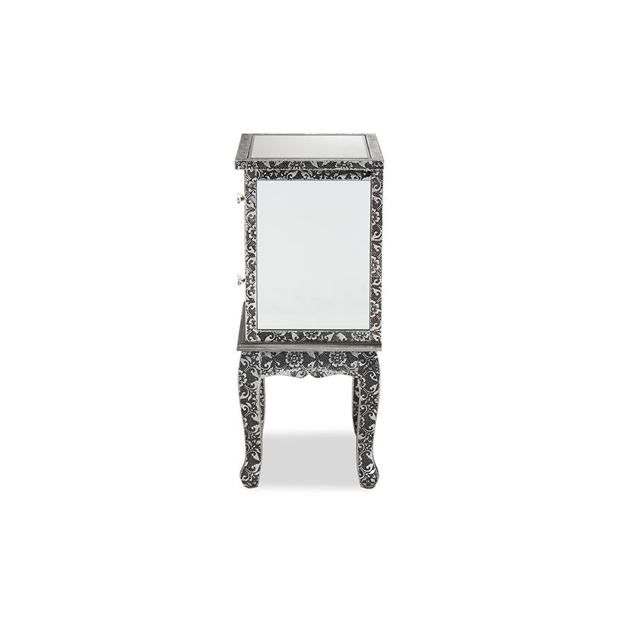 Baxton Studio Wycliff Industrial Glam and Luxe Silver Finished Metal and Mirrored Glass 2-Drawer Nightstand | Nightstands | Modishstore - 4