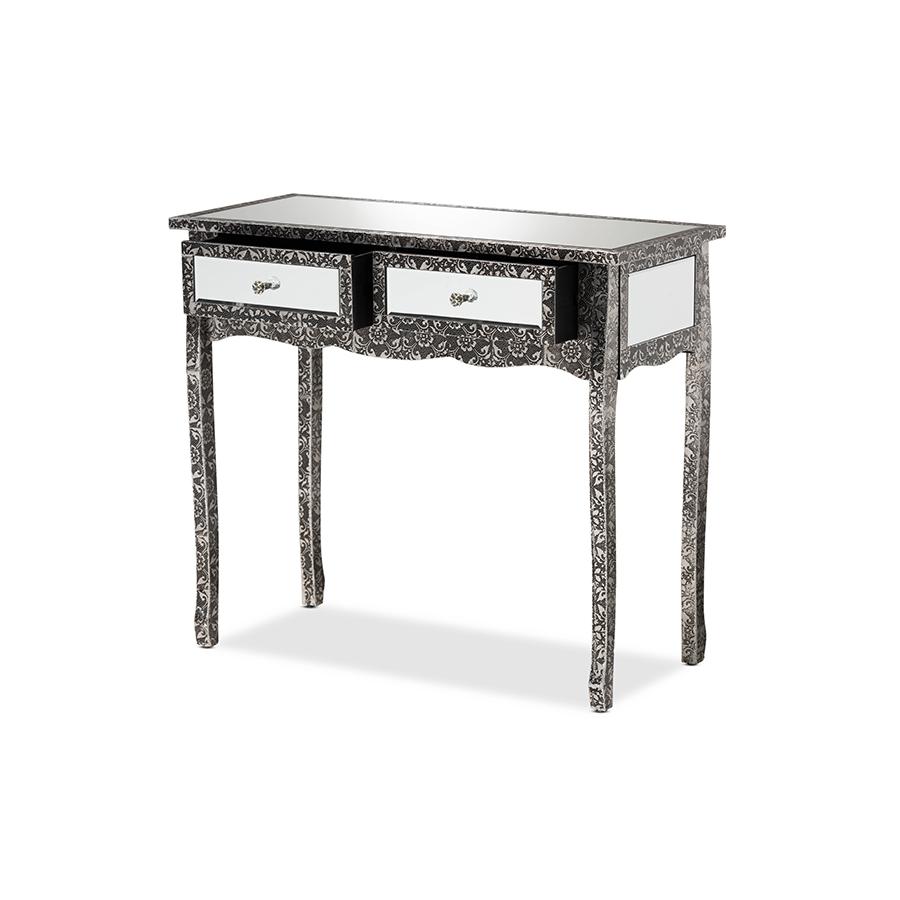 Baxton Studio Wycliff Industrial Glam and Luxe Silver Finished Metal and Mirrored Glass 2-Drawer Console Table | Console Tables | Modishstore - 2
