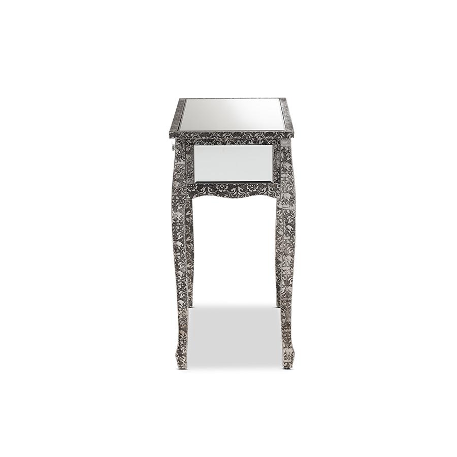 Baxton Studio Wycliff Industrial Glam and Luxe Silver Finished Metal and Mirrored Glass 2-Drawer Console Table | Console Tables | Modishstore - 4