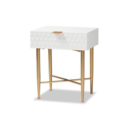 Baxton Studio Marcin Contemporary Glam and Luxe White Finished Wood and Gold Metal 1-Drawer Nightstand | Nightstands | Modishstore
