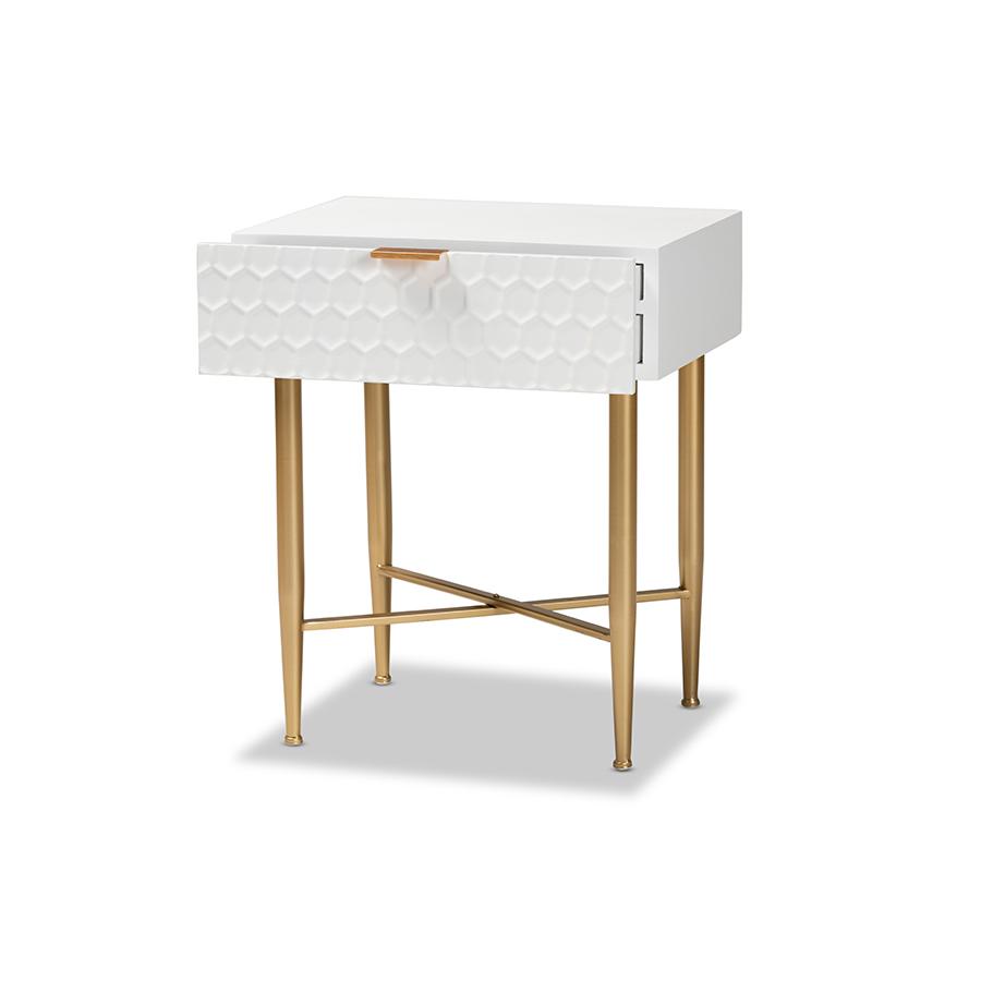Baxton Studio Marcin Contemporary Glam and Luxe White Finished Wood and Gold Metal 1-Drawer Nightstand | Nightstands | Modishstore - 2