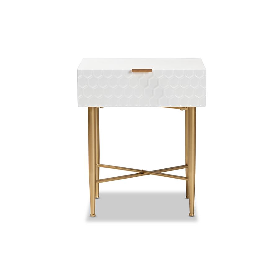 Baxton Studio Marcin Contemporary Glam and Luxe White Finished Wood and Gold Metal 1-Drawer Nightstand | Nightstands | Modishstore - 3