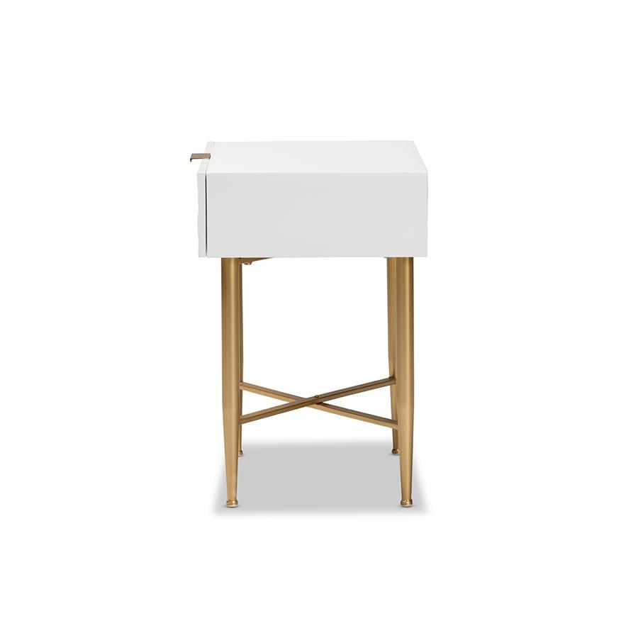 Baxton Studio Marcin Contemporary Glam and Luxe White Finished Wood and Gold Metal 1-Drawer Nightstand | Nightstands | Modishstore - 4
