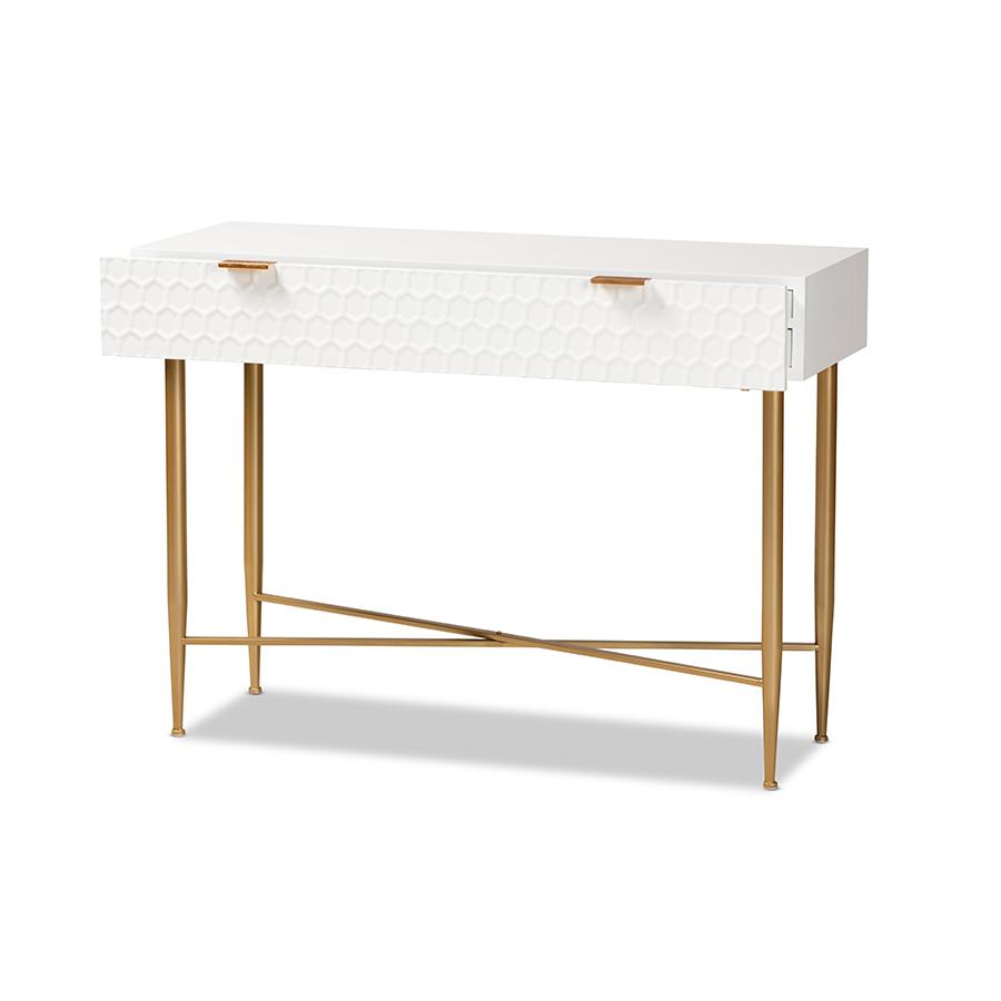 Baxton Studio Galia Modern and Contemporary White Finished Wood and Gold Metal 1-Drawer Console Table | Console Tables | Modishstore - 3