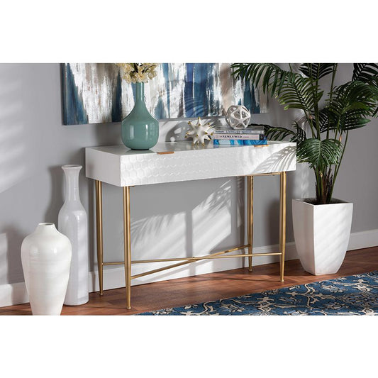 Baxton Studio Galia Modern and Contemporary White Finished Wood and Gold Metal 1-Drawer Console Table | Console Tables | Modishstore