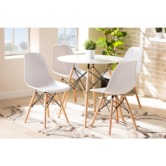 Baxton Studio Jaspen Modern and Contemporary White Finished Polypropylene Plastic and Oak Brown Finished Wood 5-Piece Dining Set | Dining Sets | Modishstore