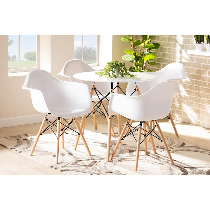 Baxton Studio Galen Modern and Contemporary White Finished Polypropylene Plastic and Oak Brown Finished Wood 5-Piece Dining Set | Dining Sets | Modishstore