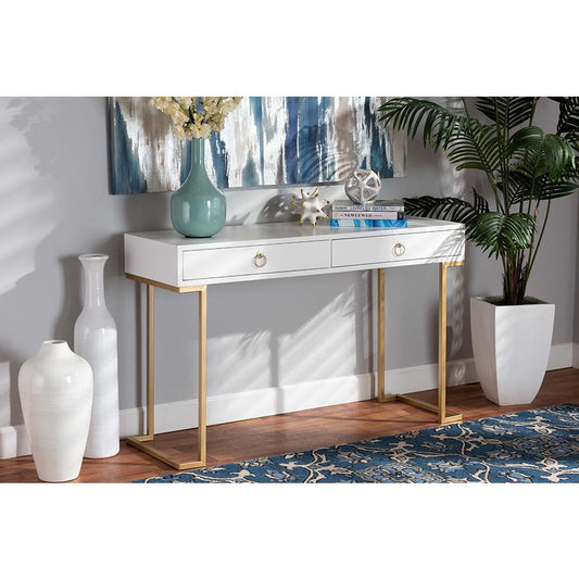 Baxton Studio Beagan Modern and Contemporary White Finished Wood and Gold Metal 2-Drawer Console Table | Console Tables | Modishstore