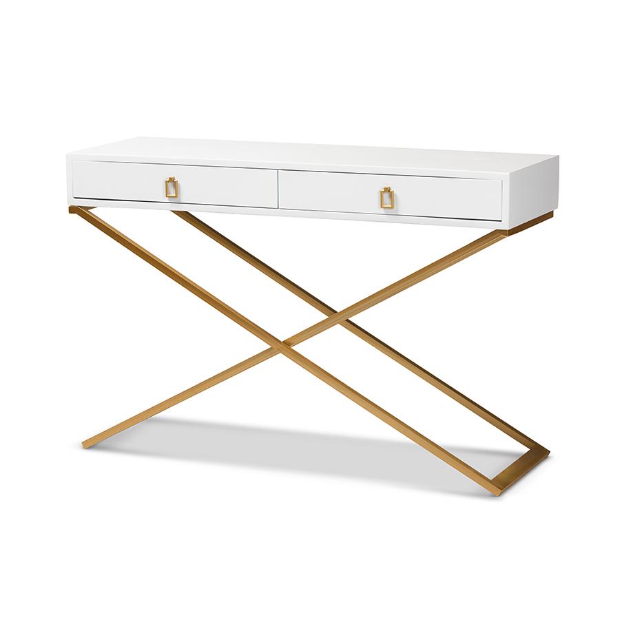 Baxton Studio Madan Modern and Contemporary White Finished Wood and Gold Metal 2-Drawer Console Table | Console Tables | Modishstore - 2