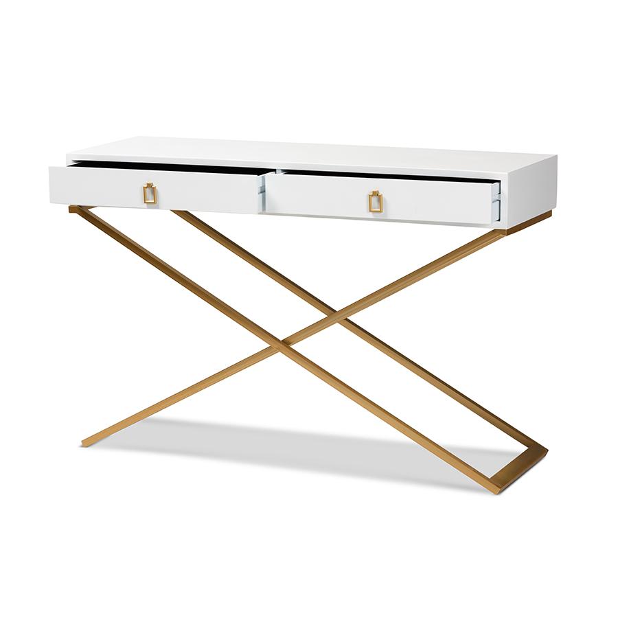 Baxton Studio Madan Modern and Contemporary White Finished Wood and Gold Metal 2-Drawer Console Table | Console Tables | Modishstore - 3