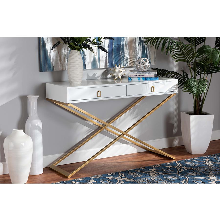 Baxton Studio Madan Modern and Contemporary White Finished Wood and Gold Metal 2-Drawer Console Table | Console Tables | Modishstore