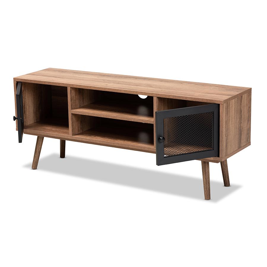 Baxton Studio Yuna Mid-Century Modern Transitional Natural Brown Finished Wood and Black Metal 2-Door TV Stand | TV Stands | Modishstore - 3