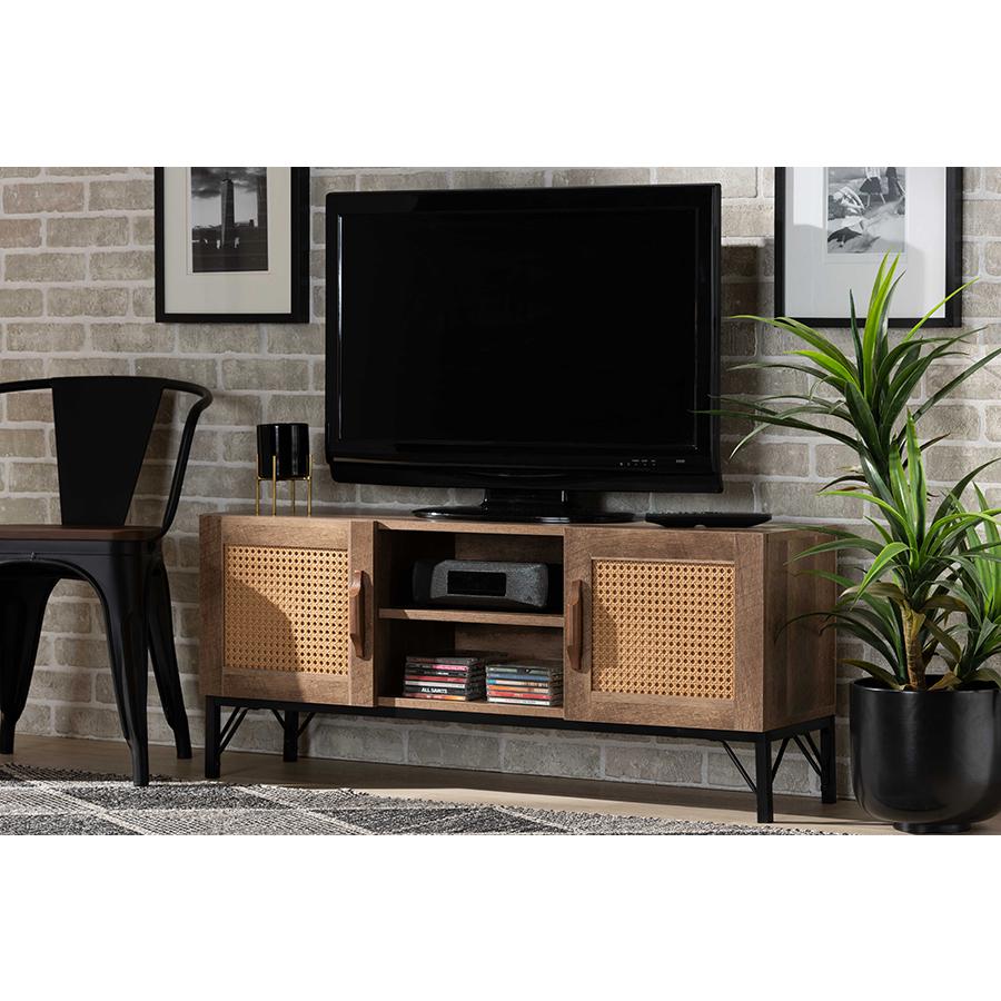 Baxton Studio Veanna Bohemian Natural Brown Finished Wood and Black Metal 2-Door TV Stand with Synthetic Rattan | TV Stands | Modishstore - 2