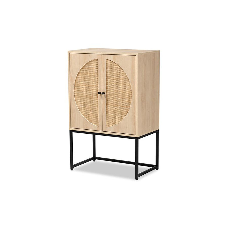 Baxton Studio Ardon Bohemian Light Brown Finished Wood and Black Metal 2-Door Storage Cabinet with Natural Rattan | Cabinets | Modishstore