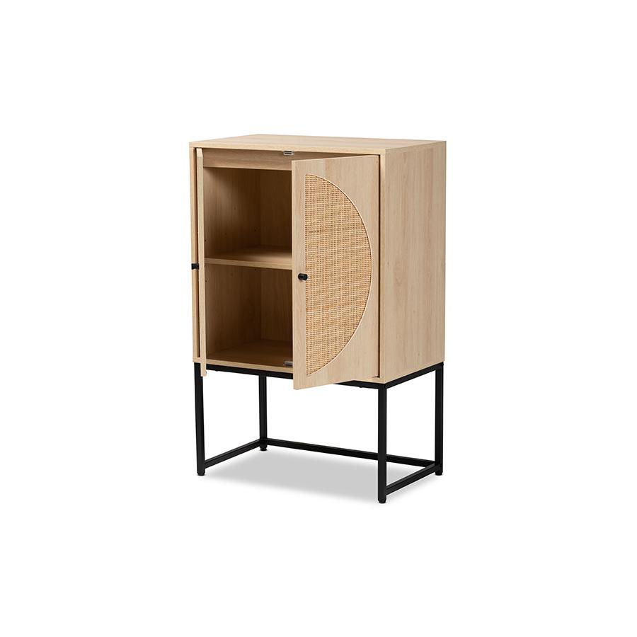 Baxton Studio Ardon Bohemian Light Brown Finished Wood and Black Metal 2-Door Storage Cabinet with Natural Rattan | Cabinets | Modishstore - 3