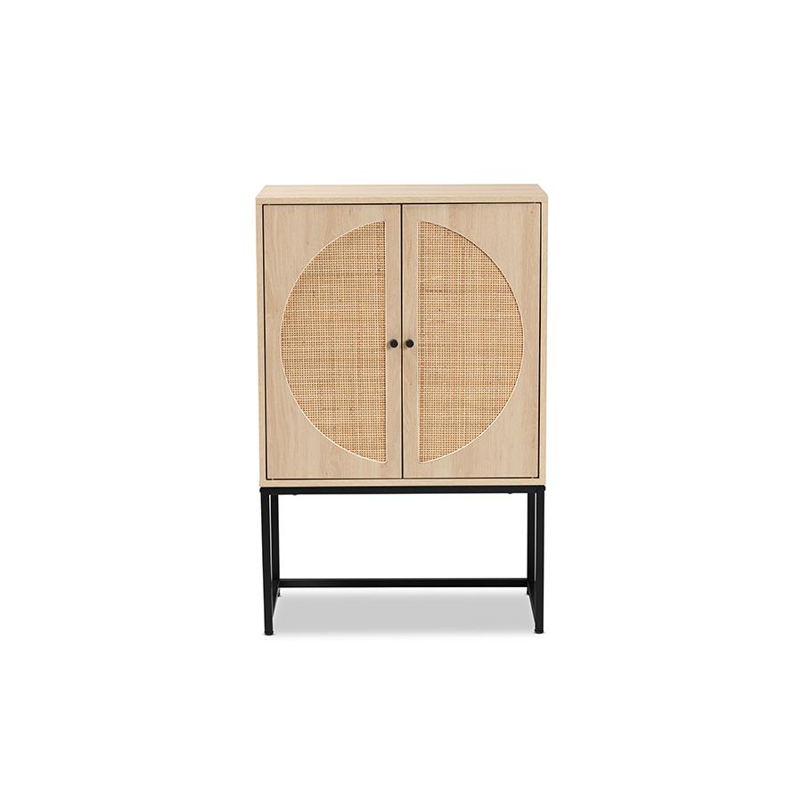 Baxton Studio Ardon Bohemian Light Brown Finished Wood and Black Metal 2-Door Storage Cabinet with Natural Rattan | Cabinets | Modishstore - 4