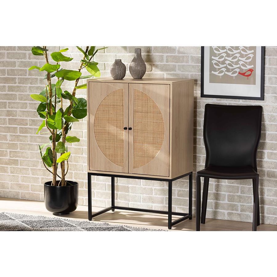 Baxton Studio Ardon Bohemian Light Brown Finished Wood and Black Metal 2-Door Storage Cabinet with Natural Rattan | Cabinets | Modishstore - 2