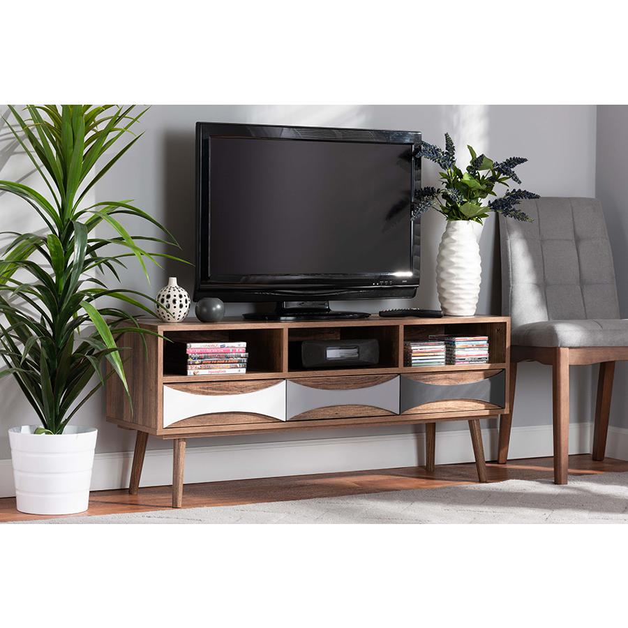 Baxton Studio Leane Modern and Contemporary Natural Brown Finished and Multi-Colored Wood 3-Drawer TV Stand | TV Stands | Modishstore - 2