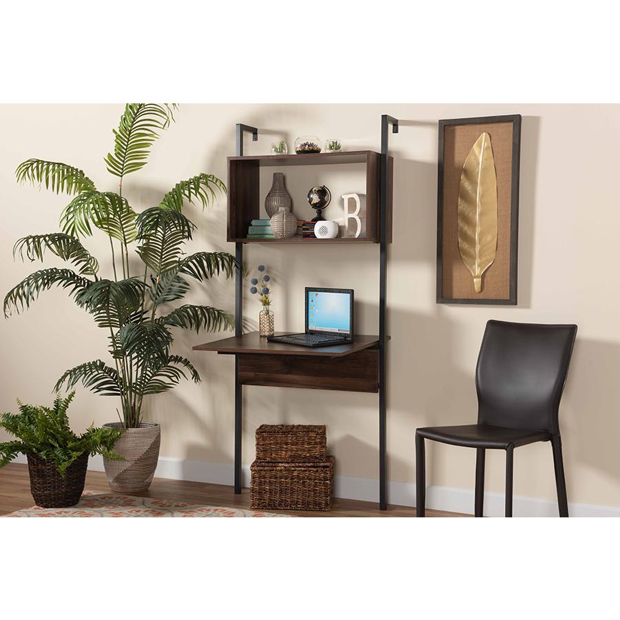 Baxton Studio Fariat Modern Industrial Walnut Brown Finished Wood and Black Metal Display Shelf with Desk | Cabinets | Modishstore - 2