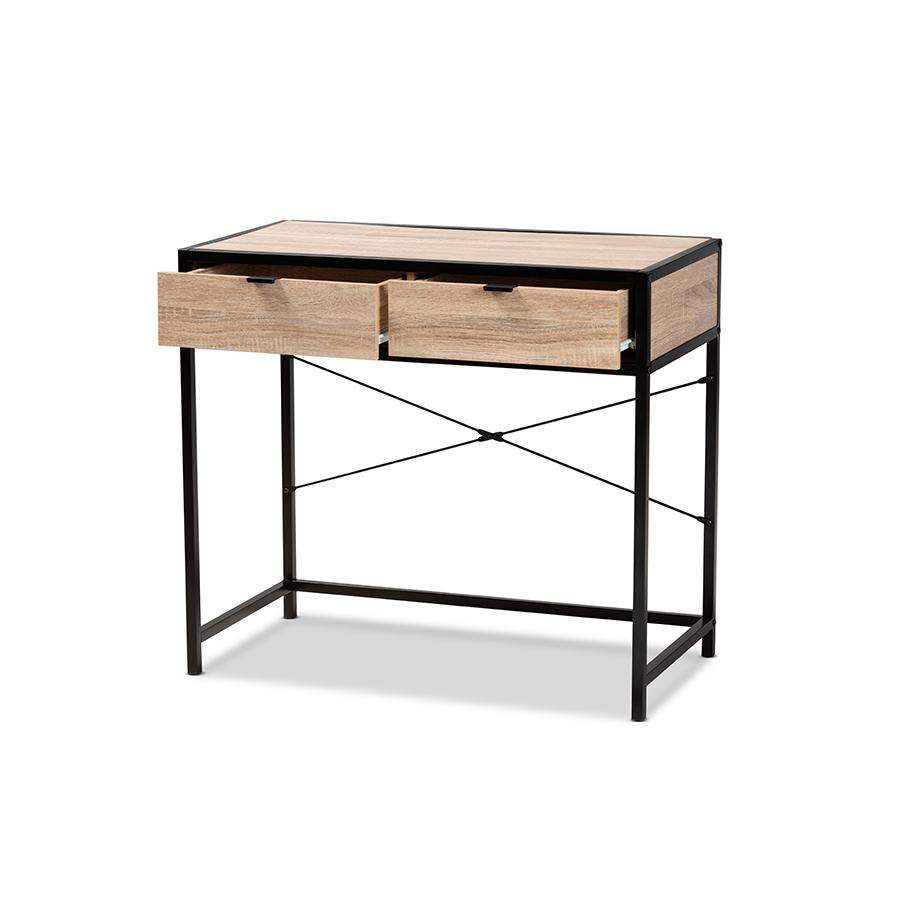 Baxton Studio Grayer Modern Industrial Natural Brown Finished Wood and Black Metal 2-Drawer Desk | Desks | Modishstore - 2