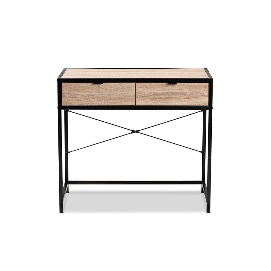 Baxton Studio Grayer Modern Industrial Natural Brown Finished Wood and Black Metal 2-Drawer Desk | Desks | Modishstore - 3