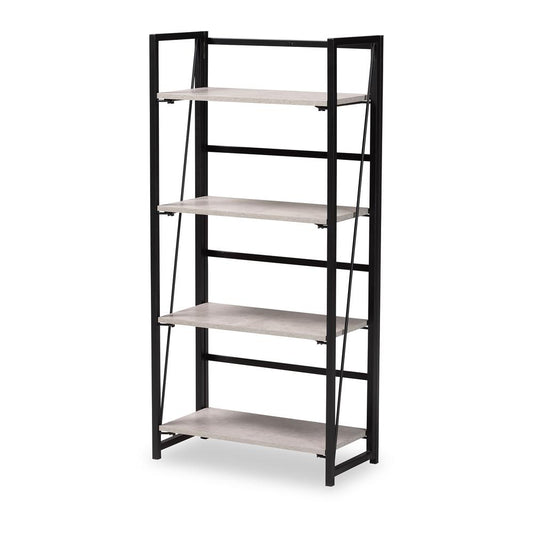 Baxton Studio Lakota Modern Industrial Light Grey Finished Wood and Black Metal 4-Tier Display Shelf | Cabinets | Modishstore