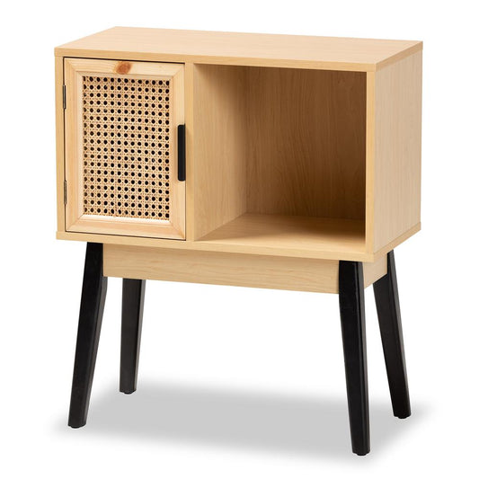 Baxton Studio Dacre Mid-Century Modern Transitional Two-Tone Oak Brown and Black Finished Wood 1-Door Console Table with Natural Rattan | Console Tables | Modishstore