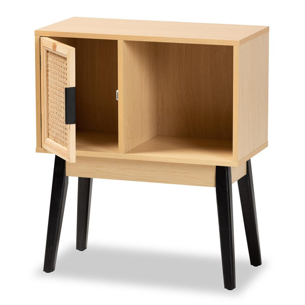 Baxton Studio Dacre Mid-Century Modern Transitional Two-Tone Oak Brown and Black Finished Wood 1-Door Console Table with Natural Rattan | Console Tables | Modishstore - 2