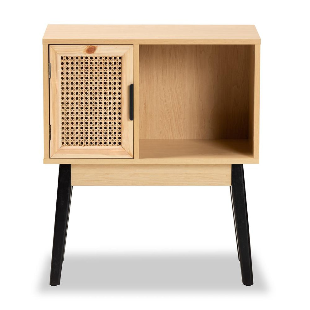 Baxton Studio Dacre Mid-Century Modern Transitional Two-Tone Oak Brown and Black Finished Wood 1-Door Console Table with Natural Rattan | Console Tables | Modishstore - 3