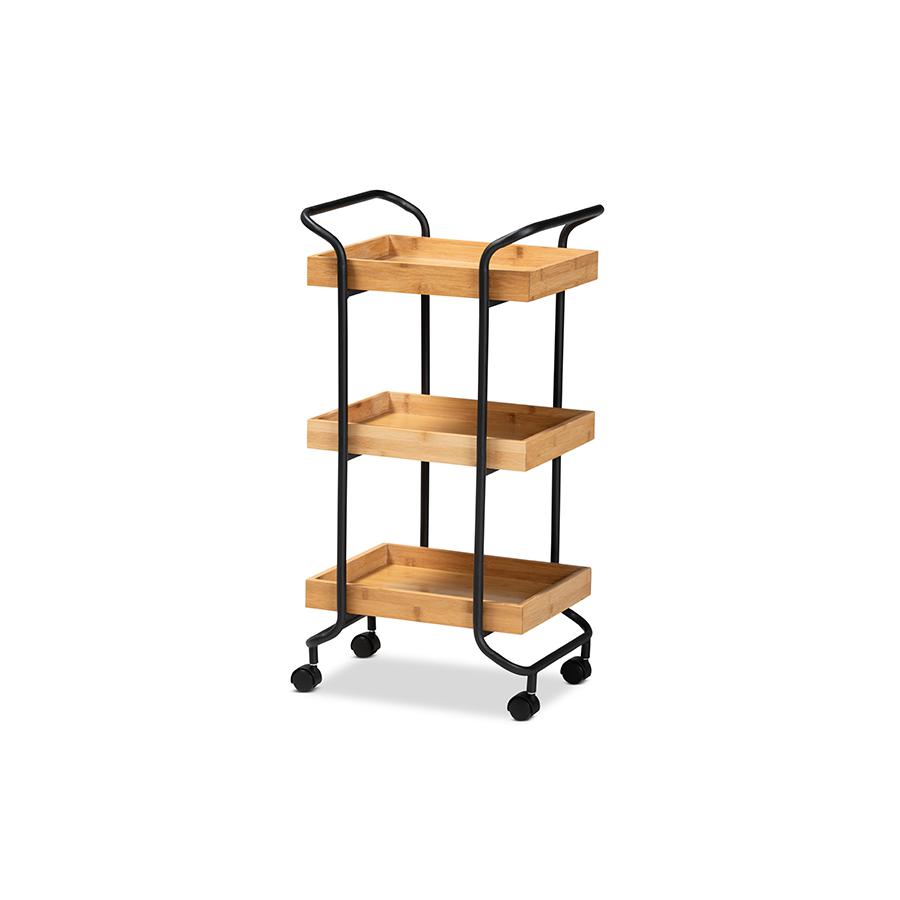 Baxton Studio Baxter Modern and Contemporary Oak Brown Finished Wood and Black Metal 3-Tier Mobile Kitchen Cart | Bar Carts | Modishstore