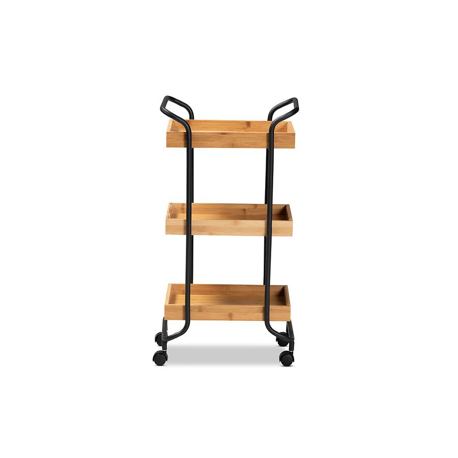 Baxton Studio Baxter Modern and Contemporary Oak Brown Finished Wood and Black Metal 3-Tier Mobile Kitchen Cart | Bar Carts | Modishstore - 2
