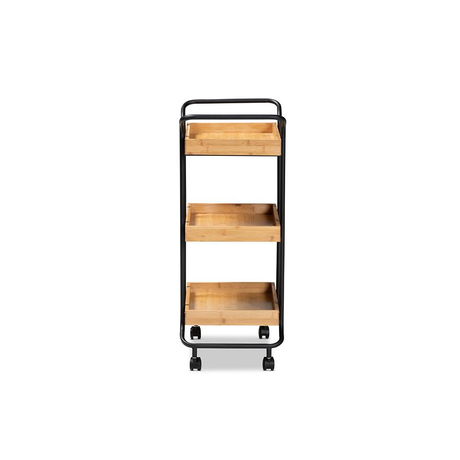 Baxton Studio Baxter Modern and Contemporary Oak Brown Finished Wood and Black Metal 3-Tier Mobile Kitchen Cart | Bar Carts | Modishstore - 3