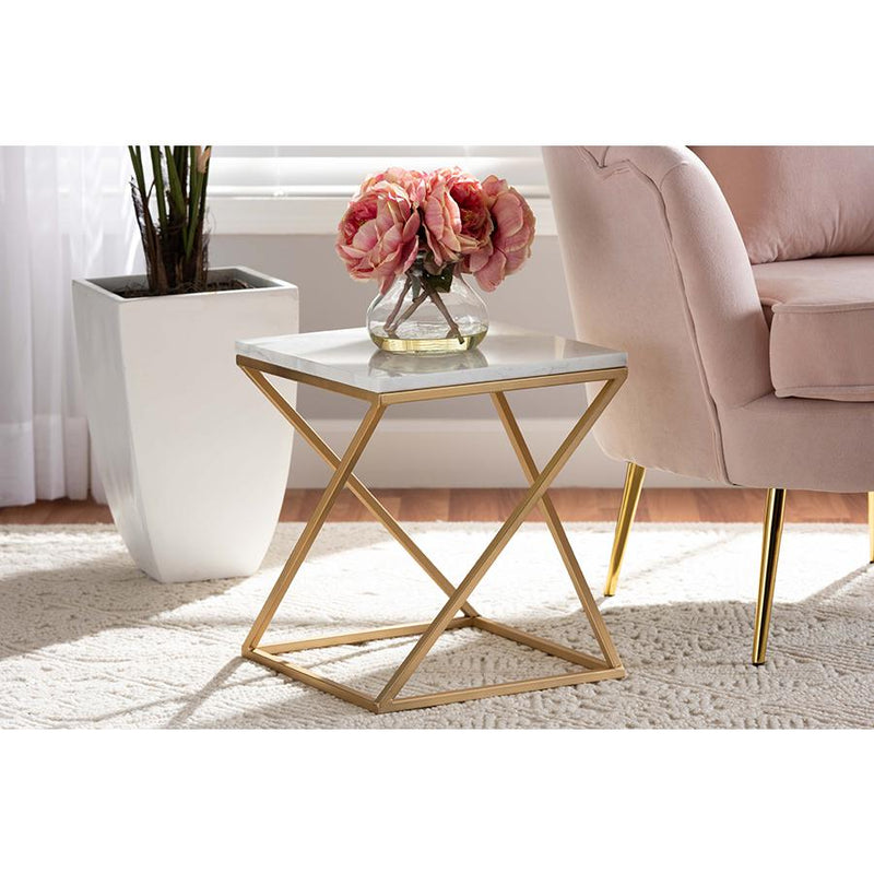 Baxton Studio Hadley Modern and Contemporary Gold Finished Metal End Table with Marble Tabletop | End Tables | Modishstore