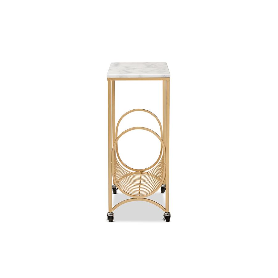 Baxton Studio Jacek Modern and Contemporary Gold Finished Metal Wine Cart with Marble Tabletop | Bar Carts | Modishstore - 4