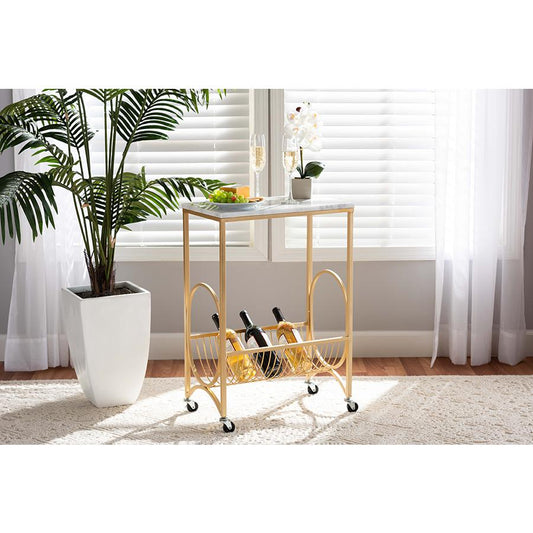 Baxton Studio Jacek Modern and Contemporary Gold Finished Metal Wine Cart with Marble Tabletop | Bar Carts | Modishstore