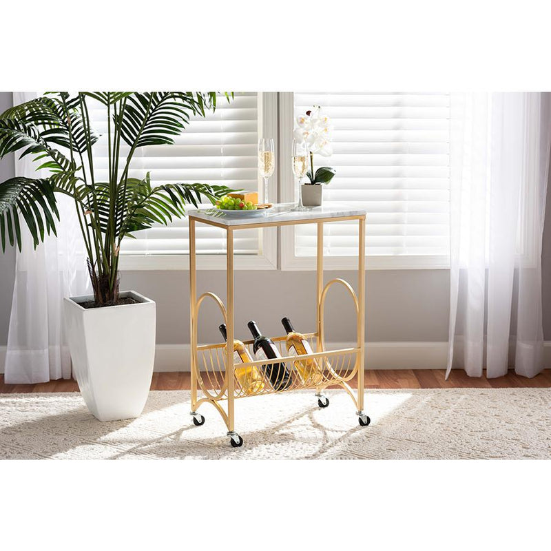 Baxton Studio Jacek Modern and Contemporary Gold Finished Metal Wine Cart with Marble Tabletop | Bar Carts | Modishstore